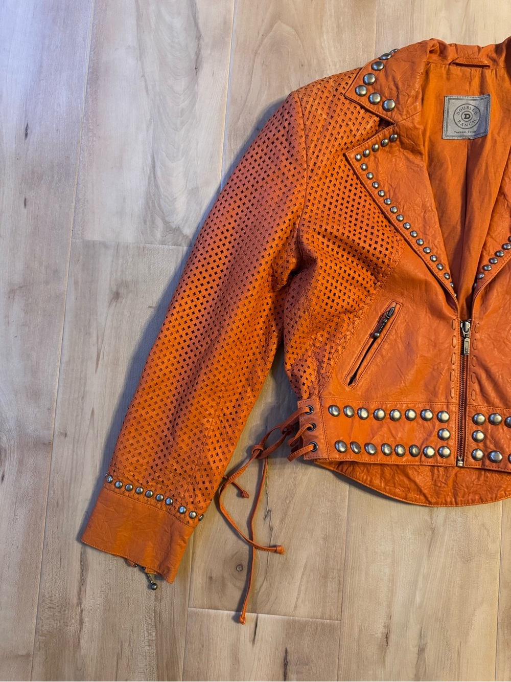 Double D Ranch Orange Leather Silver Studded Jacket - Picture 3 of 11